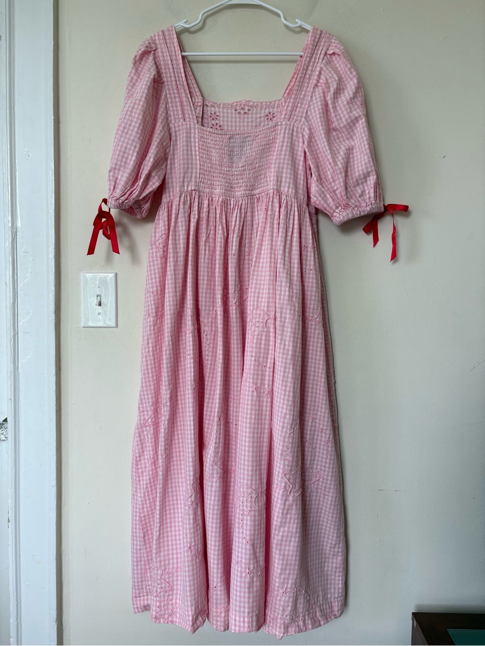 Damson Madder Rhea Puff-Sleeve Midi Dress Pink Gingham Sz US 10 - Picture 13 of 16